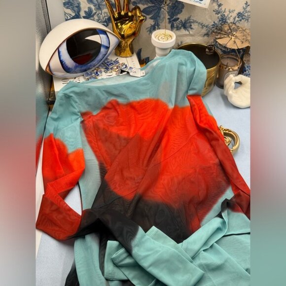 🆕 RAT & BOA 🧿 NWOT Santino Sheer Long Sleeve Dress, Blue with Red Tulip, Sz M - Picture 14 of 16